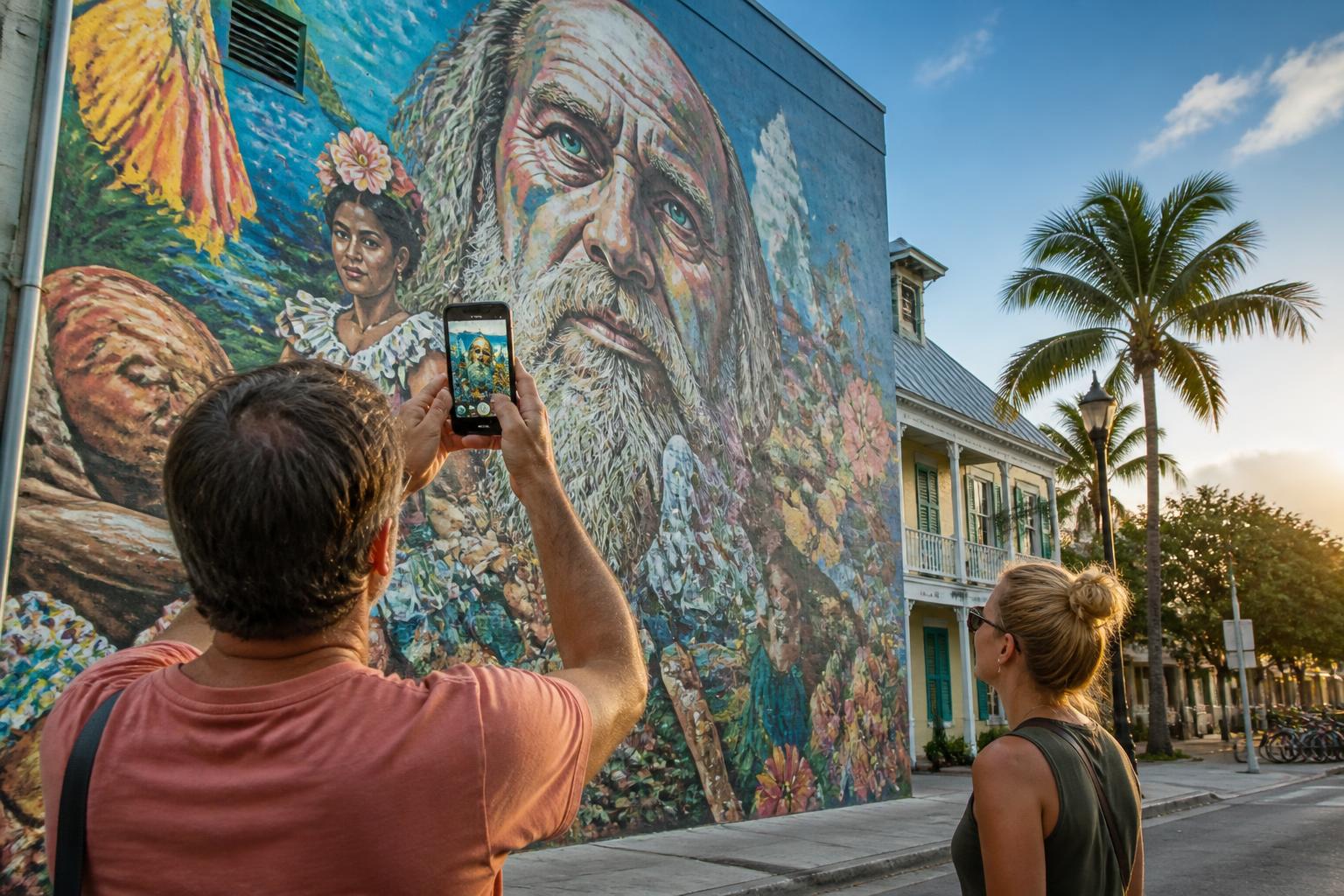 Visitors discovering a monumental outdoor mural in Key West with augmented reality